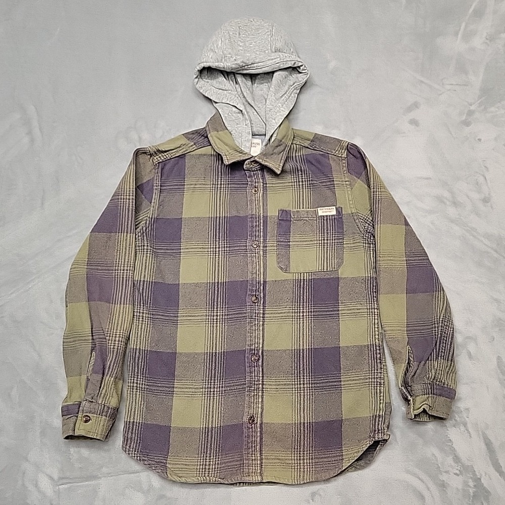 Levi Strauss Signature Shirt Boys 14/16 Green Purple Plaid Hooded Flannel Button